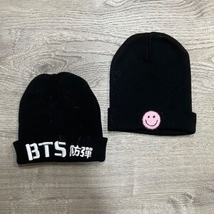 Black Beanie Set with Pink Smiley and BTS Logo